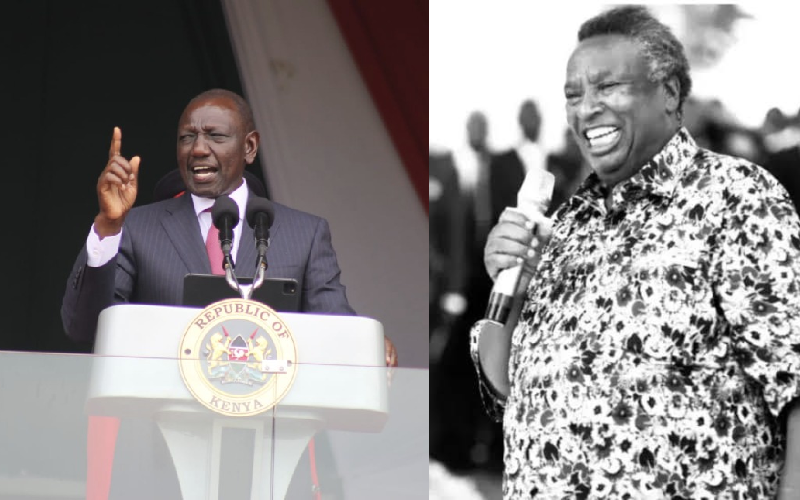 A composite  Image of President William Ruto and the late prominent businessman Mzee Samuel Kipsoi Ngetich Chepsetyon.